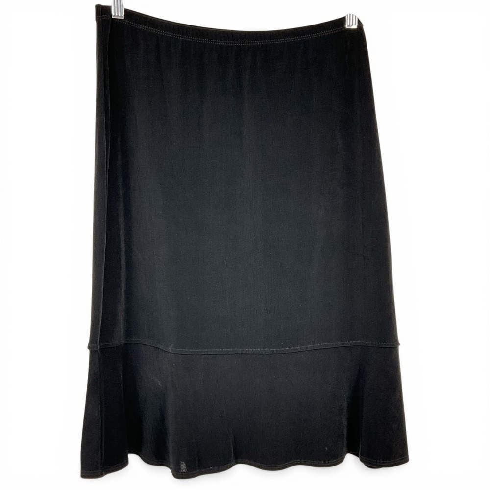Chicos Travelers Black Midi Skirt Size 2 Elastic Waist Flounce Hem Acetate Blend